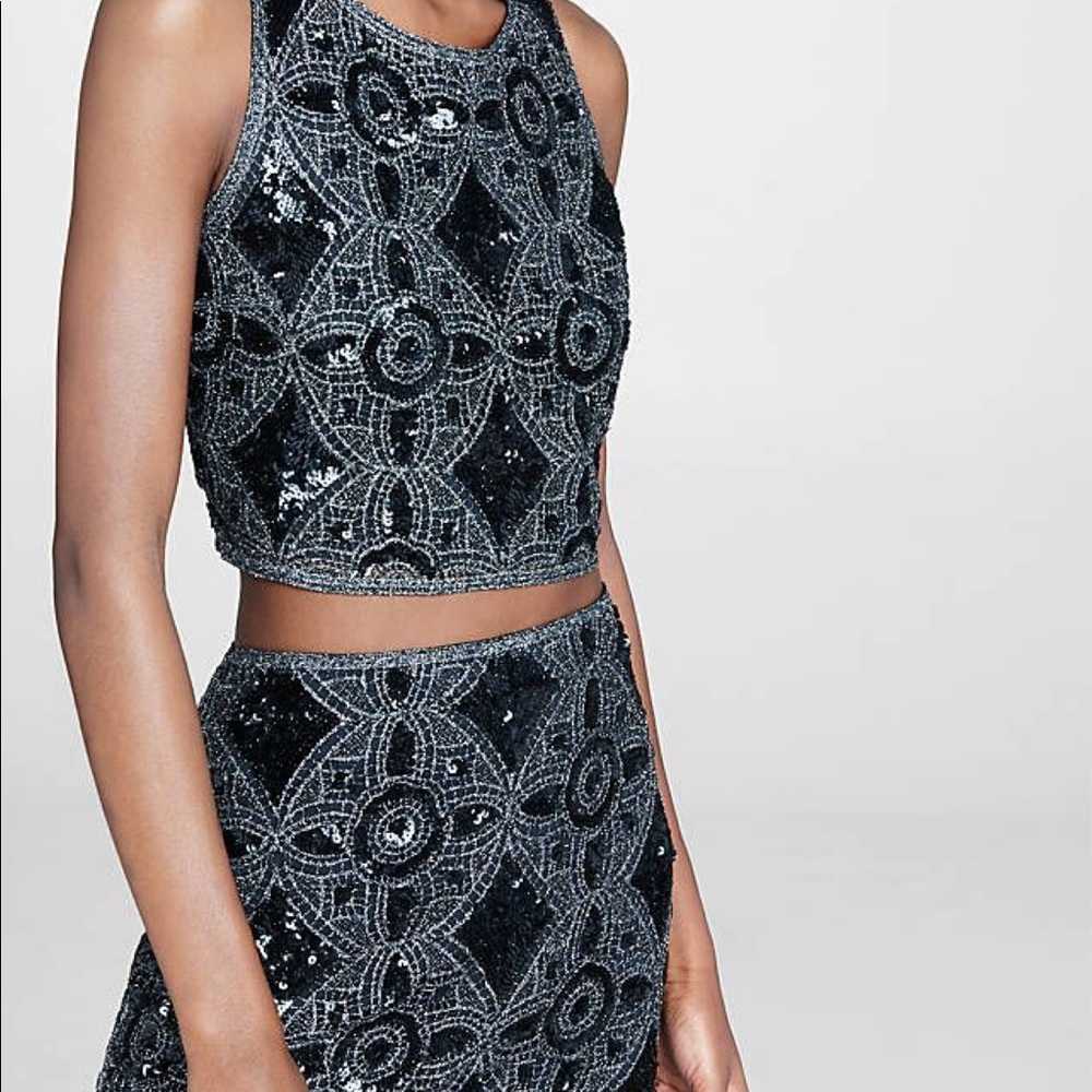 2-Piece Crocheted Sequin Crop Top and Pencil Skirt